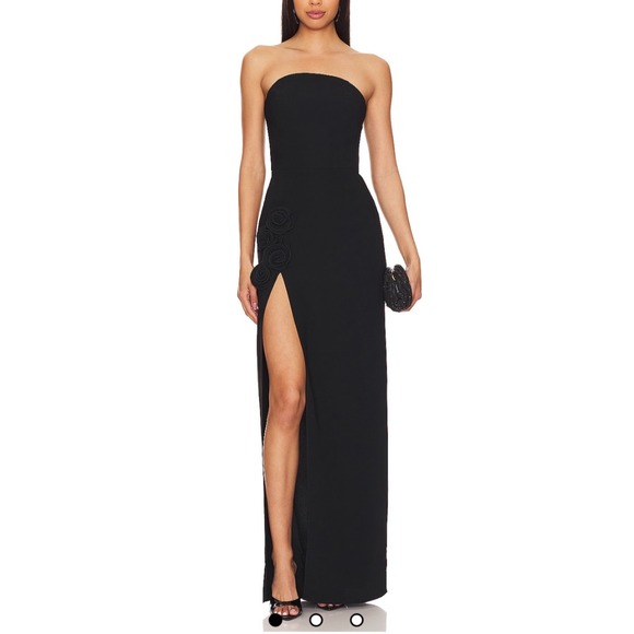 Amanda Uprichard x Revolve Wolfe Strapless Black Rosette Slit Gown Size L - Picture 1 of 12